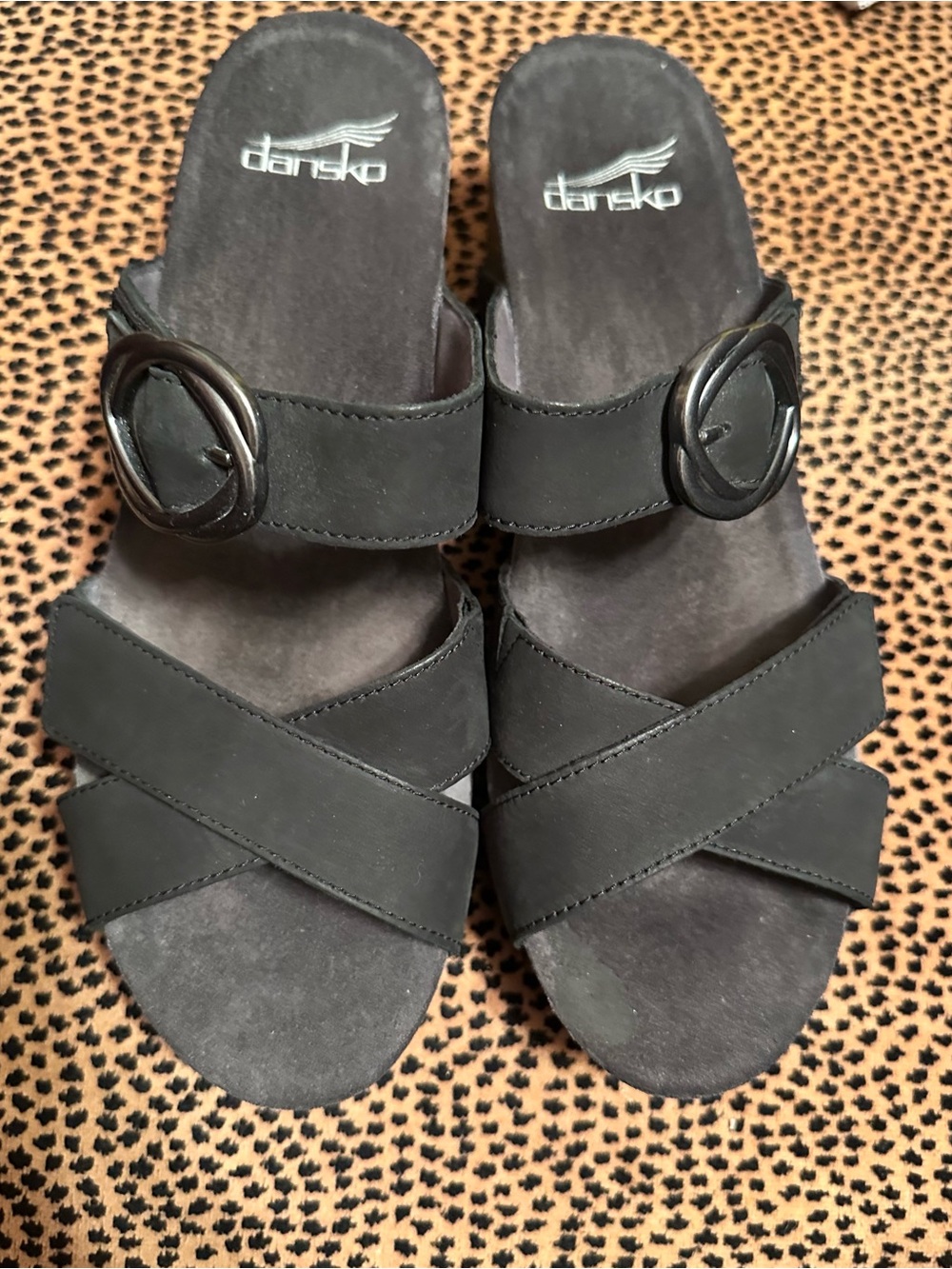 Dansko Women’s 39 Black Leather Sandals Slides Buckle Cork Wedge Comfort